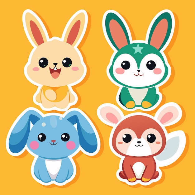 Vector cute cartoon bunny stickers in various colors