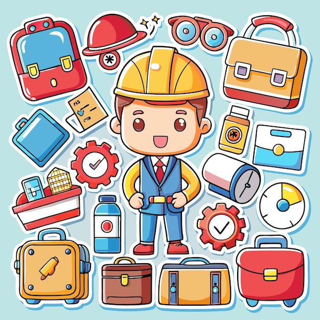 Vector cute cartoon businessman character with a yellow helmet surrounded by various office and business items