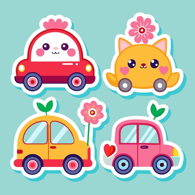 Vector cute cartoon cars with flowers and hearts stickers