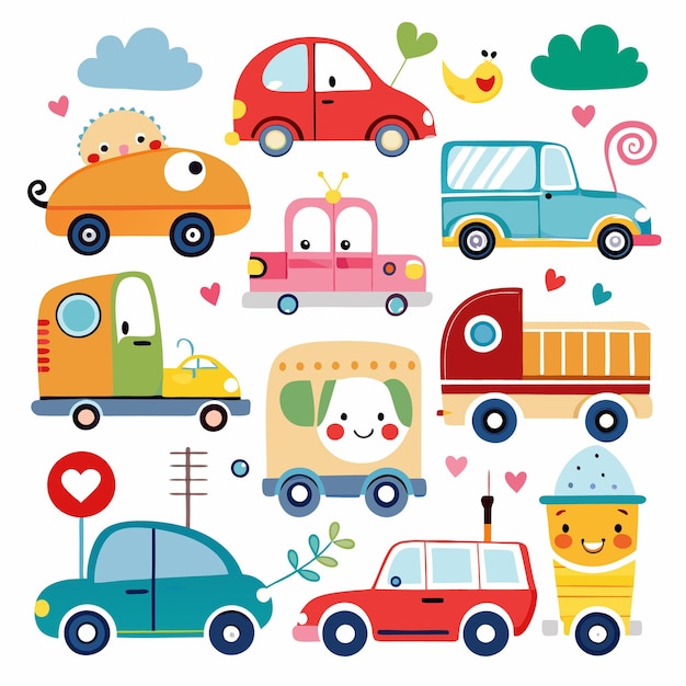 Vector cute cartoon cars with hearts and clouds