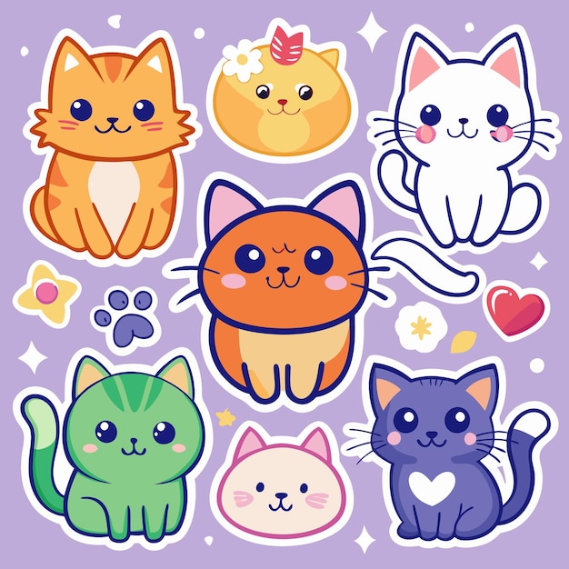 Vector cute cartoon cats with different colors and poses on a purple background