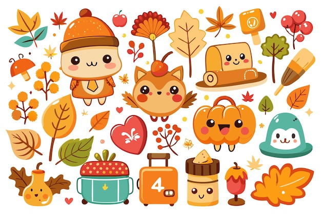 Vector cute cartoon characters and autumn elements