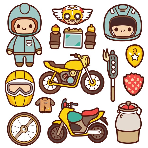 Cute cartoon characters riding motorcycles and related objects