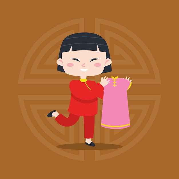 Cute cartoon Chinese kid poster illustration. Chinese greeting card design