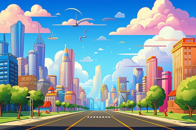 Vector cute cartoon city background and street