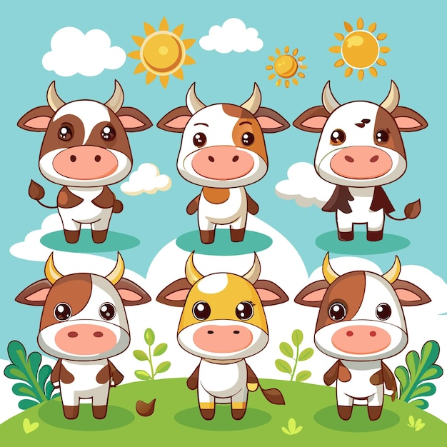 Vector cute cartoon cows in a colorful landscape with sunny skies