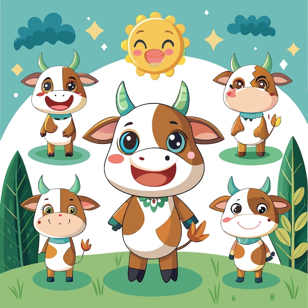 Vector cute cartoon cows with happy expressions in a sunny landscape