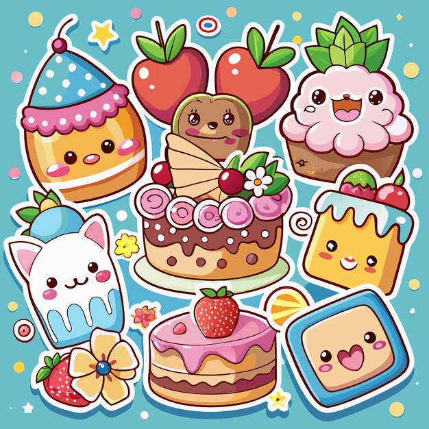 Vector cute cartoon desserts with happy faces on a blue background