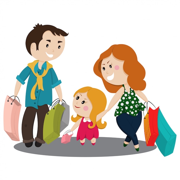 Cute cartoon family shopping with bags