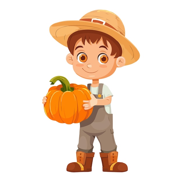 Vector a cute cartoon farmer boy holding pumpkin