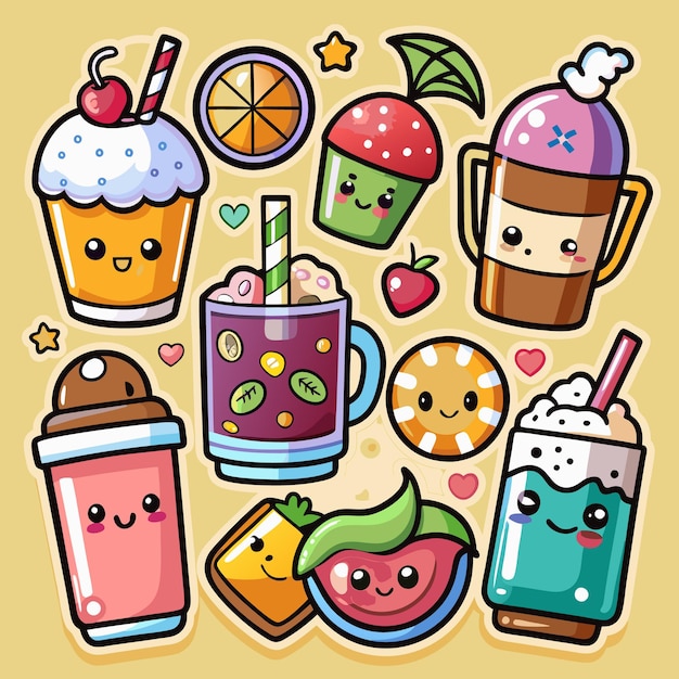 Vector cute cartoon food and drinks with happy faces