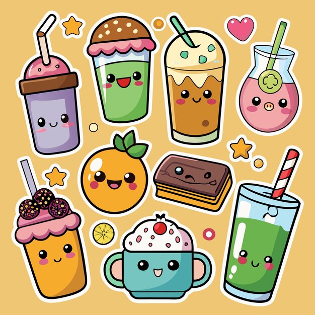 Vector cute cartoon food and drinks with smiling faces