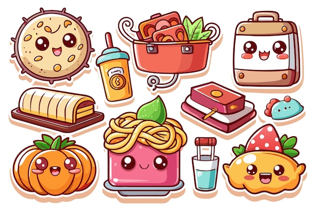 Vector cute cartoon food and travel icons with kawaii faces