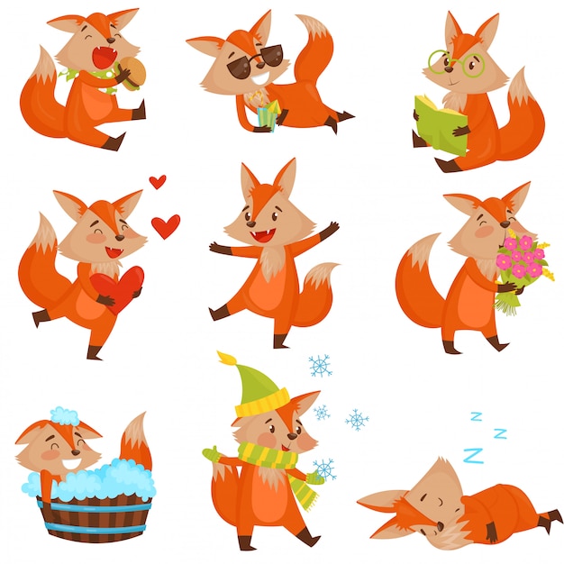 Vector cute cartoon fox character set, funny animals in different situations