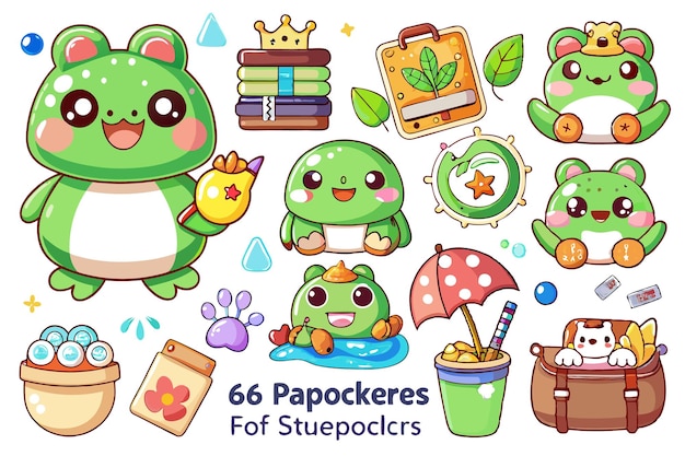 Vector cute cartoon frog characters with different accessories and objects in a fun and colorful style