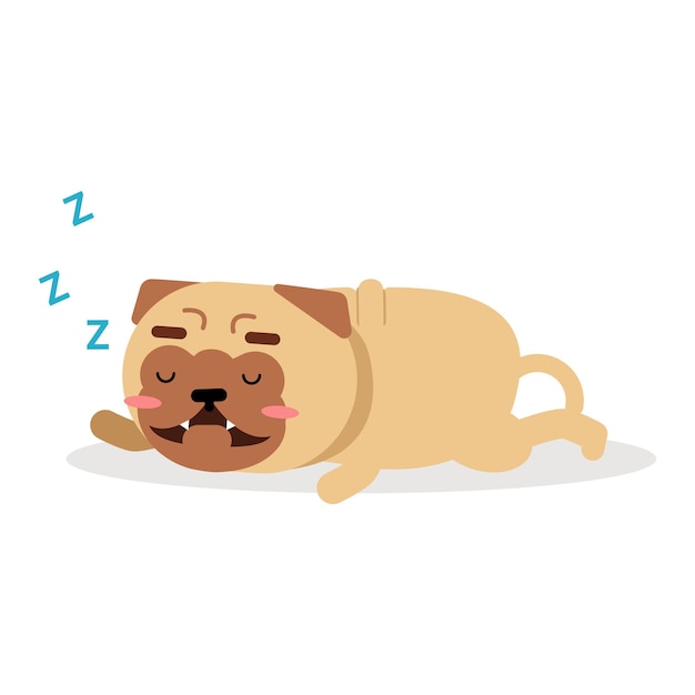 Cute cartoon funny pug dog character sleeping vector Illustration isolated on a white background