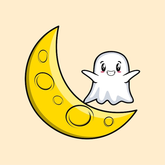 Cute cartoon Ghost character standing on the crescent moon in 3d modern design