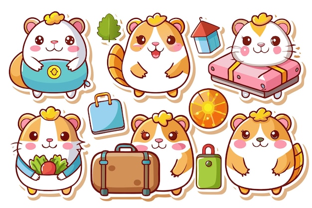 Vector cute cartoon hamsters with luggage and accessories