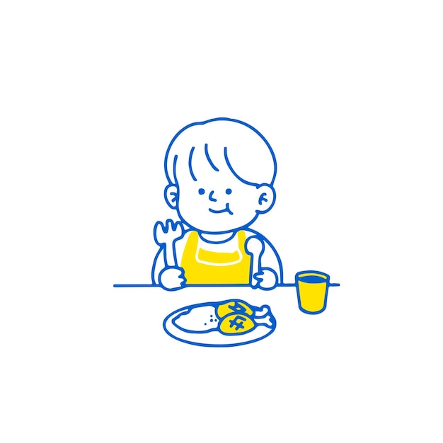 Cute Cartoon Happy Little Boy Eating. Vector illustration isolated on background.