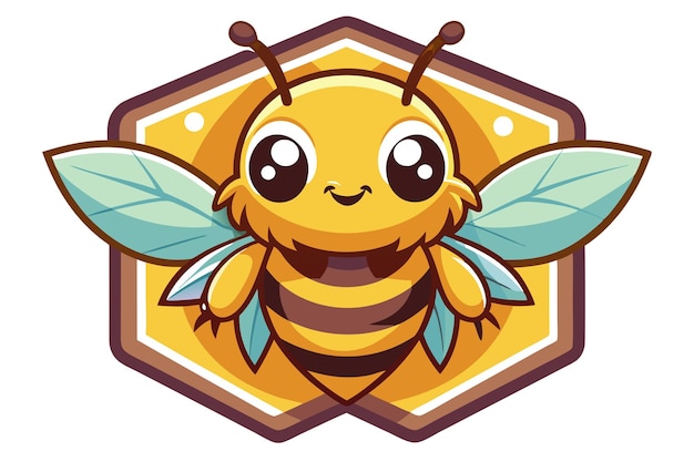 Cute Cartoon Honeybee with Big Eyes in Hexagon Honeycomb