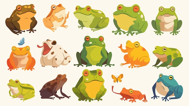 Vector cute cartoon hungry frog with sad smile resting and hunting