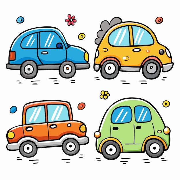 Vector a cute cartoon illustration depicting four brightly colored cars each with its own unique design the cars are drawn in a simple style with bold outlines and bright colors