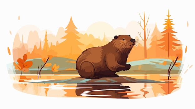 Vector cute cartoon illustration of female beaver walking