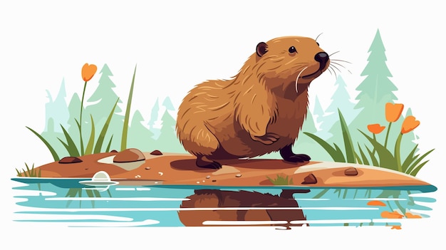 Vector cute cartoon illustration of female beaver walking