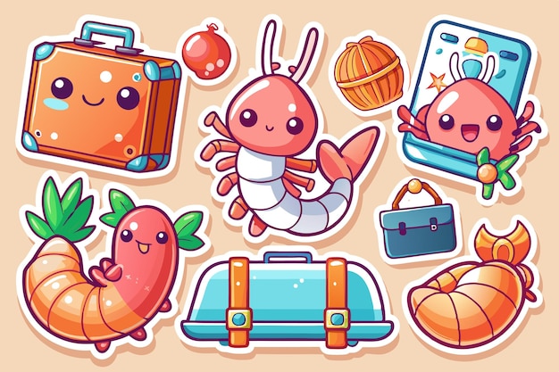 Vector cute cartoon illustration of shrimp characters with luggage and other travelrelated objects