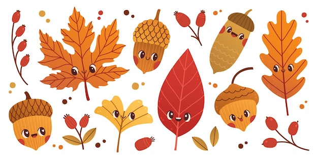 Cute cartoon leaves and acorns vector illustration Oak acorn tree leaves Nature print