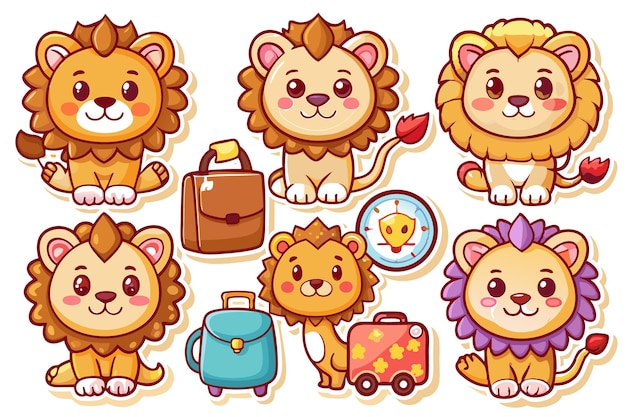 Vector cute cartoon lion character set for kids illustration