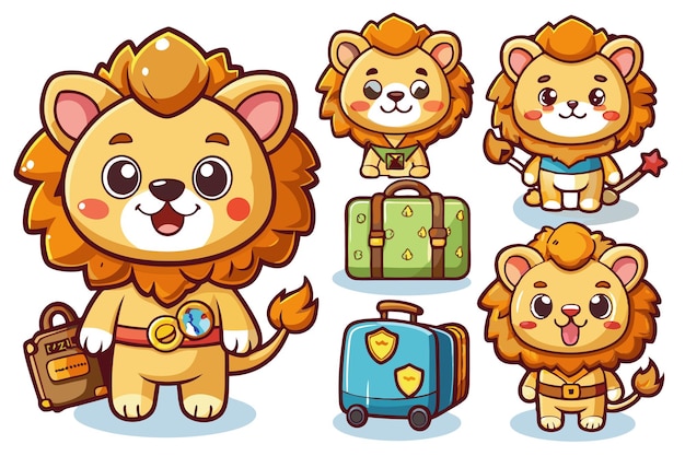 Vector cute cartoon lion character with suitcases ready for adventure