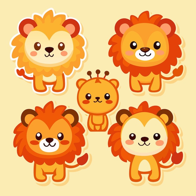 Vector cute cartoon lion stickers with a cute giraffe