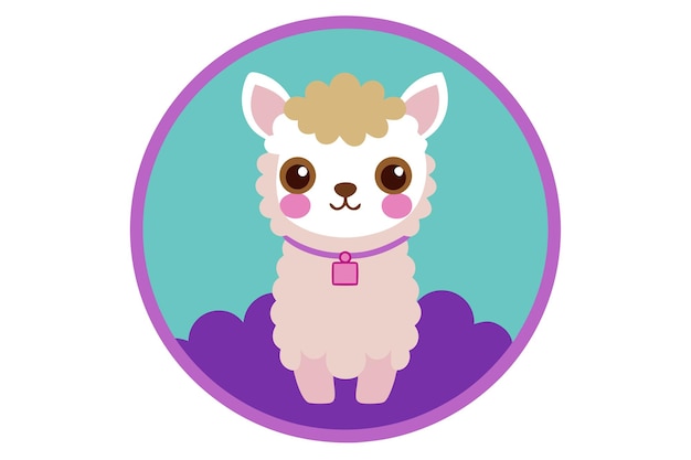 Vector cute cartoon llama with pink cheeks and a purple collar