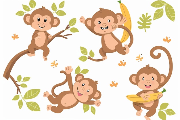 Vector cute cartoon monkey characters in different scenes