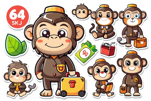 Vector cute cartoon monkey stickers in different poses with luggage and other accessories