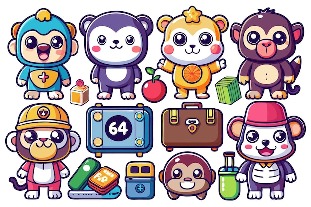 Vector cute cartoon monkeys in different costumes and outfits