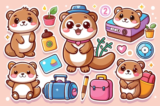 Vector cute cartoon otter stickers with different poses and items