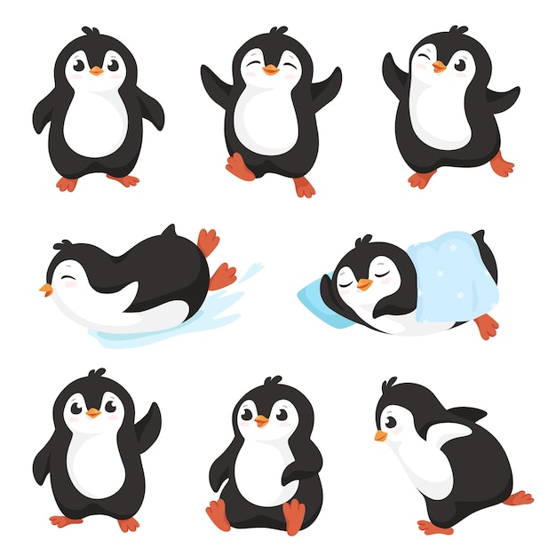 Vector cute cartoon penguins little penguin character with happy smile aquatic flightless bird mascot vector set