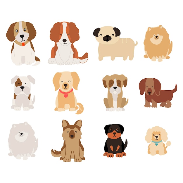 Vector cute cartoon pyppy dogs set puppy beagle gold retriever labrador home pets dog lovers vector design