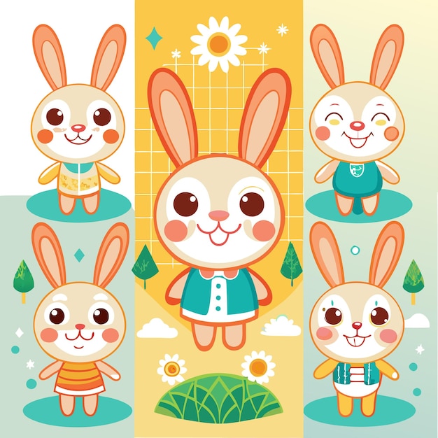 Vector cute cartoon rabbits in various outfits and poses