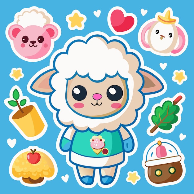 Vector cute cartoon sheep with a blue sweater and a ice cream cone on a blue background with stickers