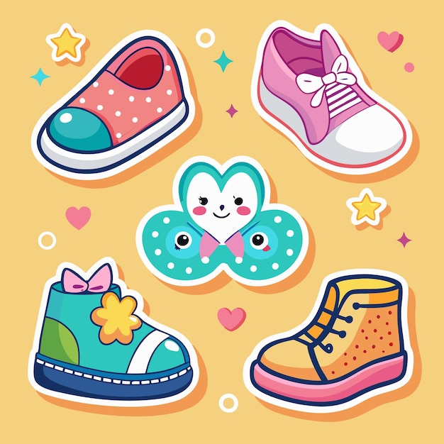 Vector cute cartoon shoes with colorful designs and decorations