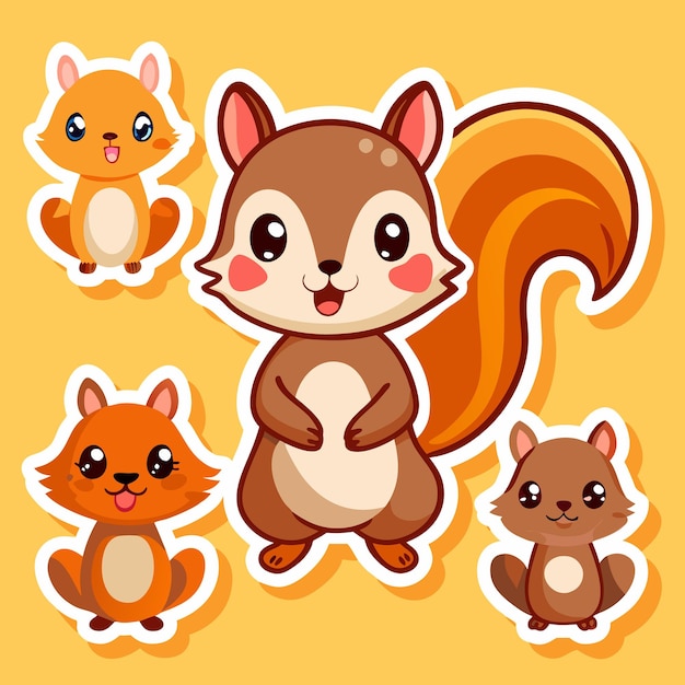 Vector cute cartoon squirrel and three little foxes with big eyes and blushing cheeks on a yellow background