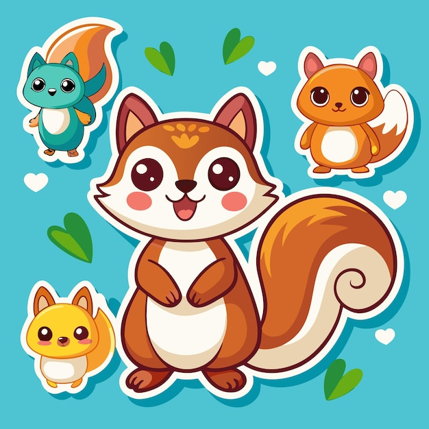 Vector cute cartoon squirrel with other animals on blue background