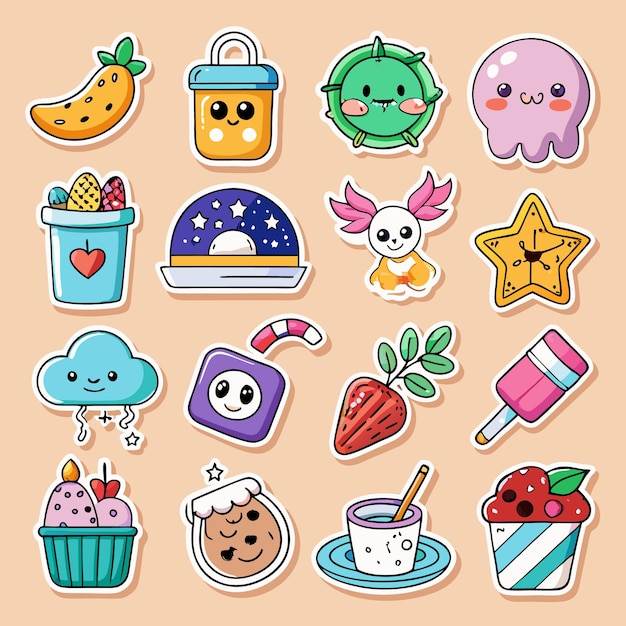 Vector cute cartoon stickers adorable food animal and object designs