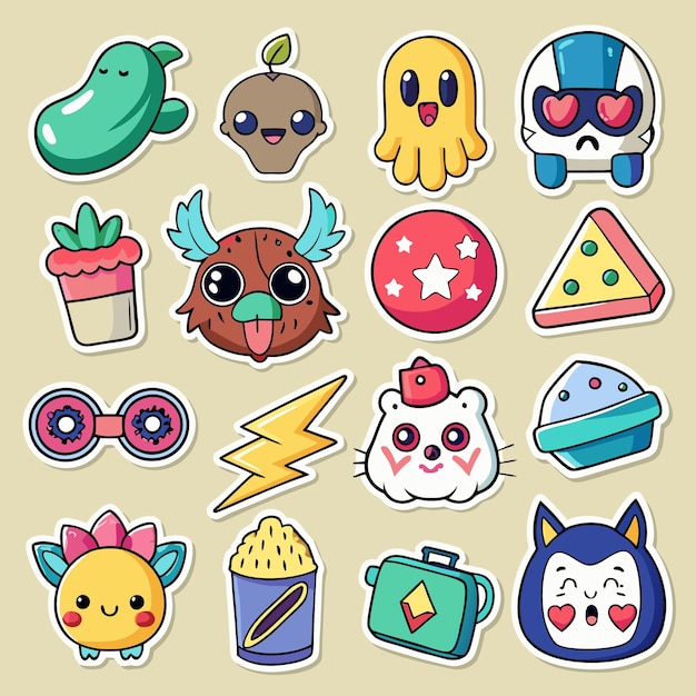 Vector cute cartoon stickers characters food and more