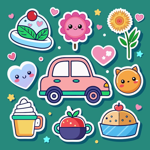 Vector cute cartoon stickers set with car heart flower and cupcake