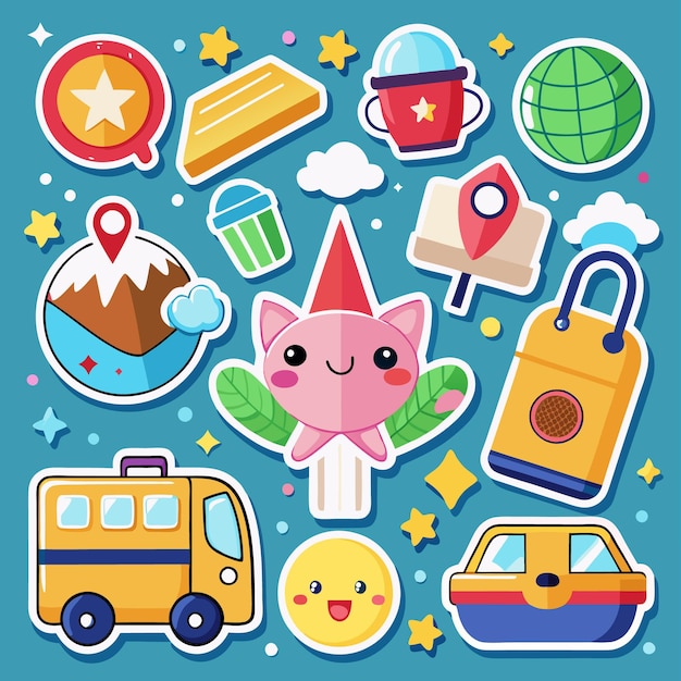 Vector cute cartoon stickers of various objects with a blue background