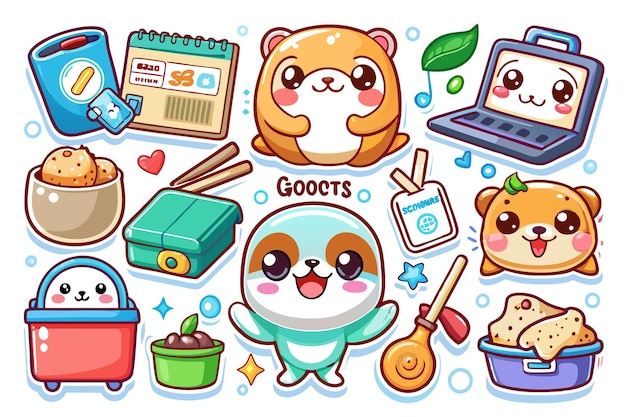 Vector cute cartoon stickers with animals food and travel items